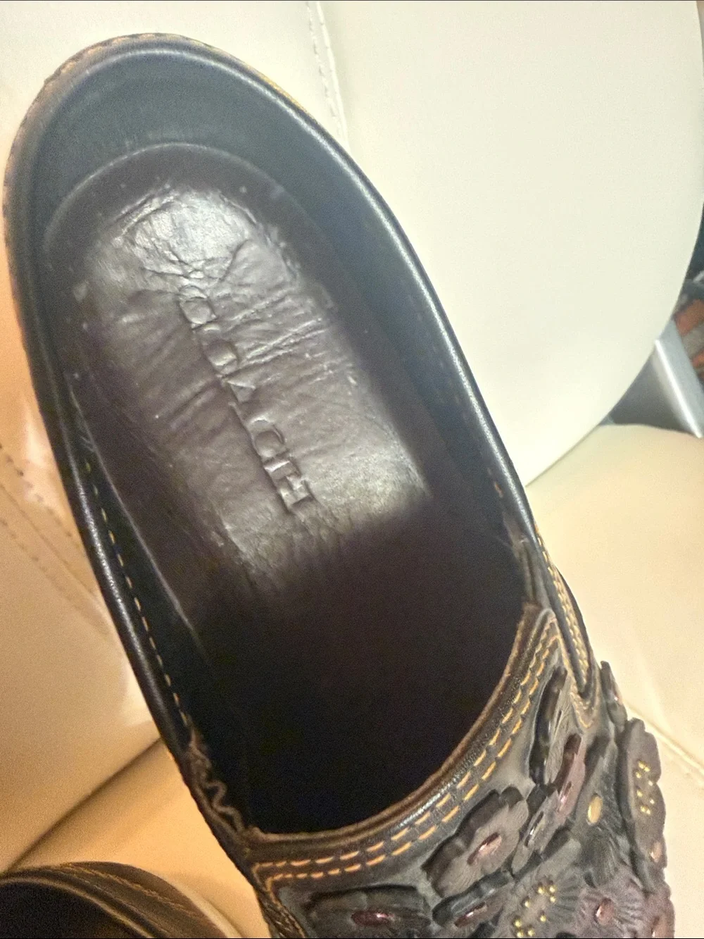 Coach Black Leather Slip-On Loafers with Floral Appliqués